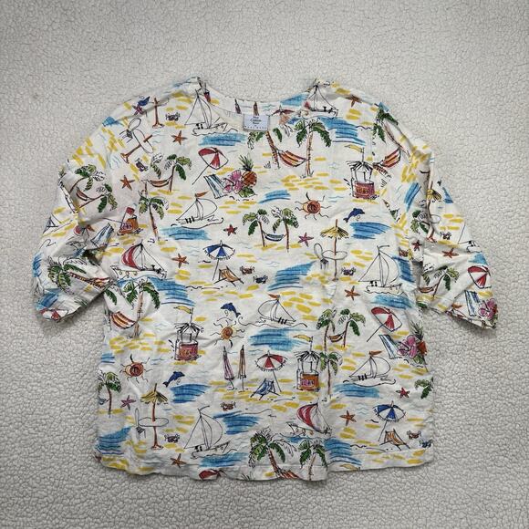 Hot Cotton by Marc Ware 100% Linen Shirt Beach Theme Boxy Tropical Print Top - Picture 1 of 7